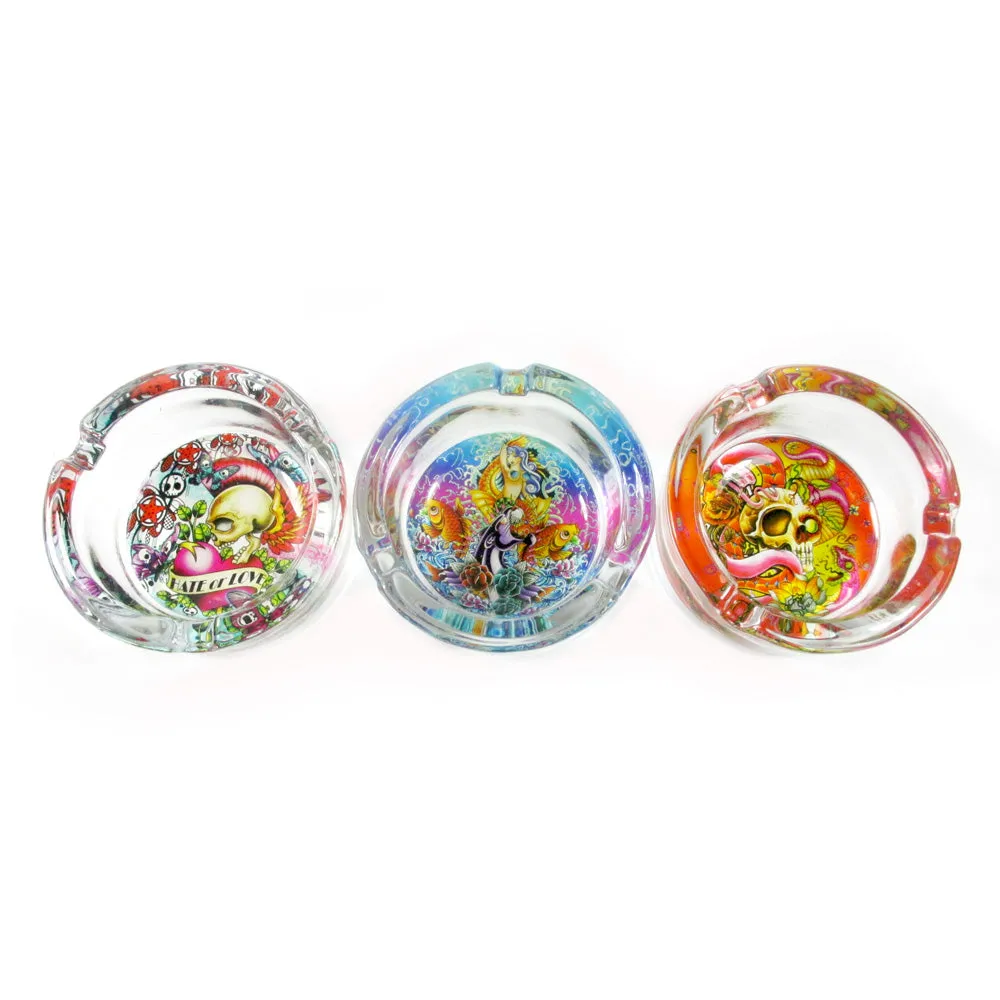 3 Clear Glass Tattoo Ashtray Skull Love Hate Design Smoking Cigarette Home Gift