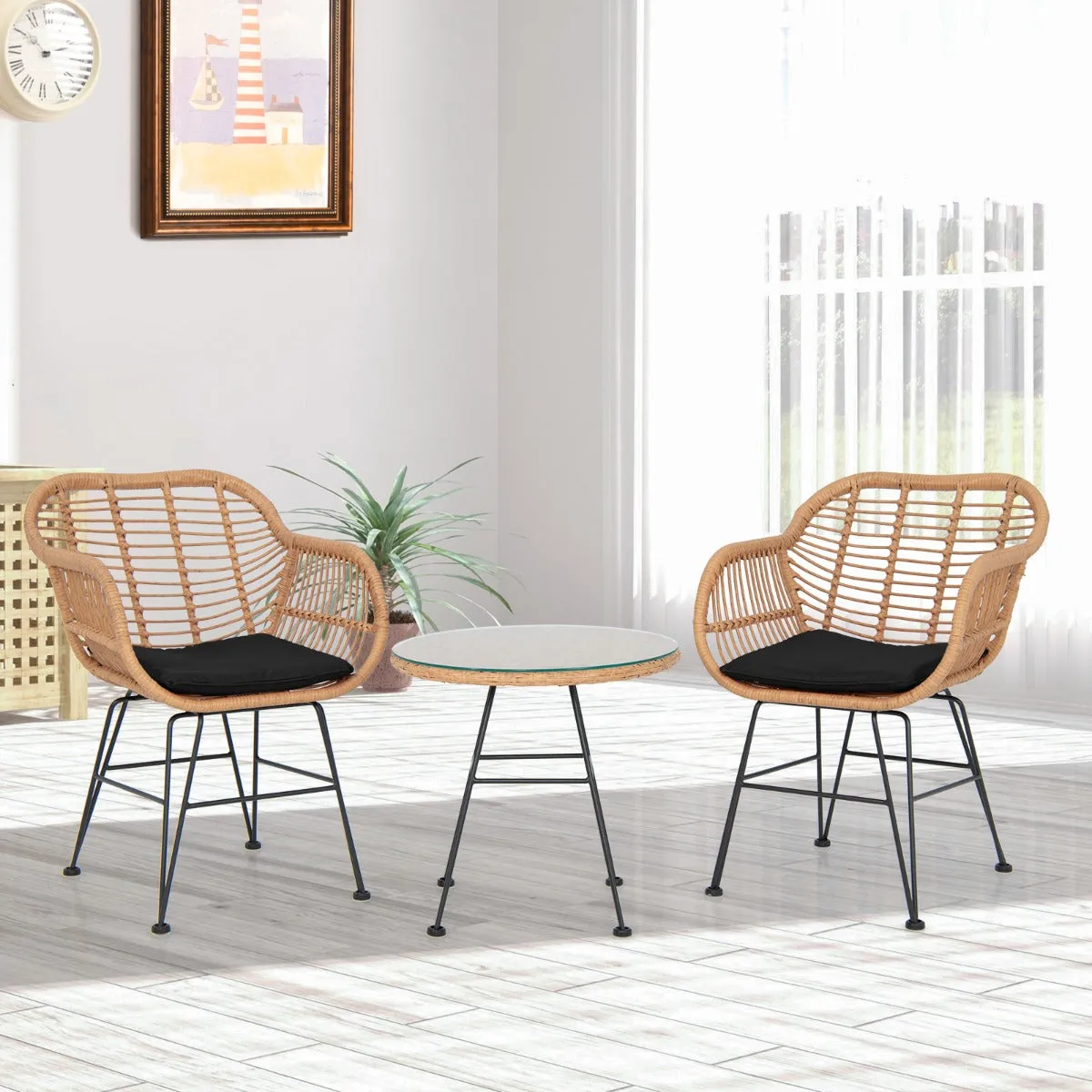 3 Piece Patio Rattan Set with 2 Cushioned Chairs and Tempered Glass Table