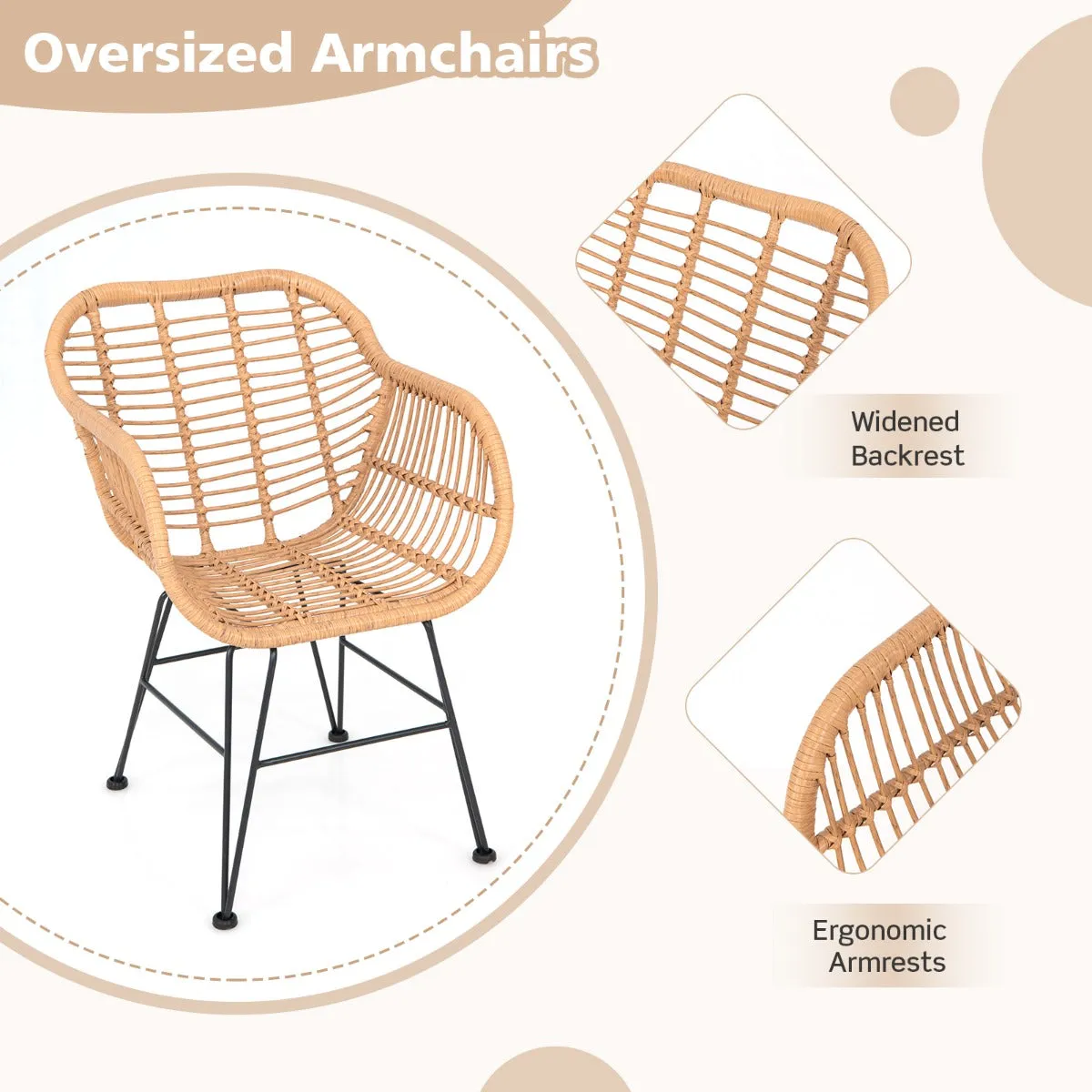 3 Piece Patio Rattan Set with 2 Cushioned Chairs and Tempered Glass Table