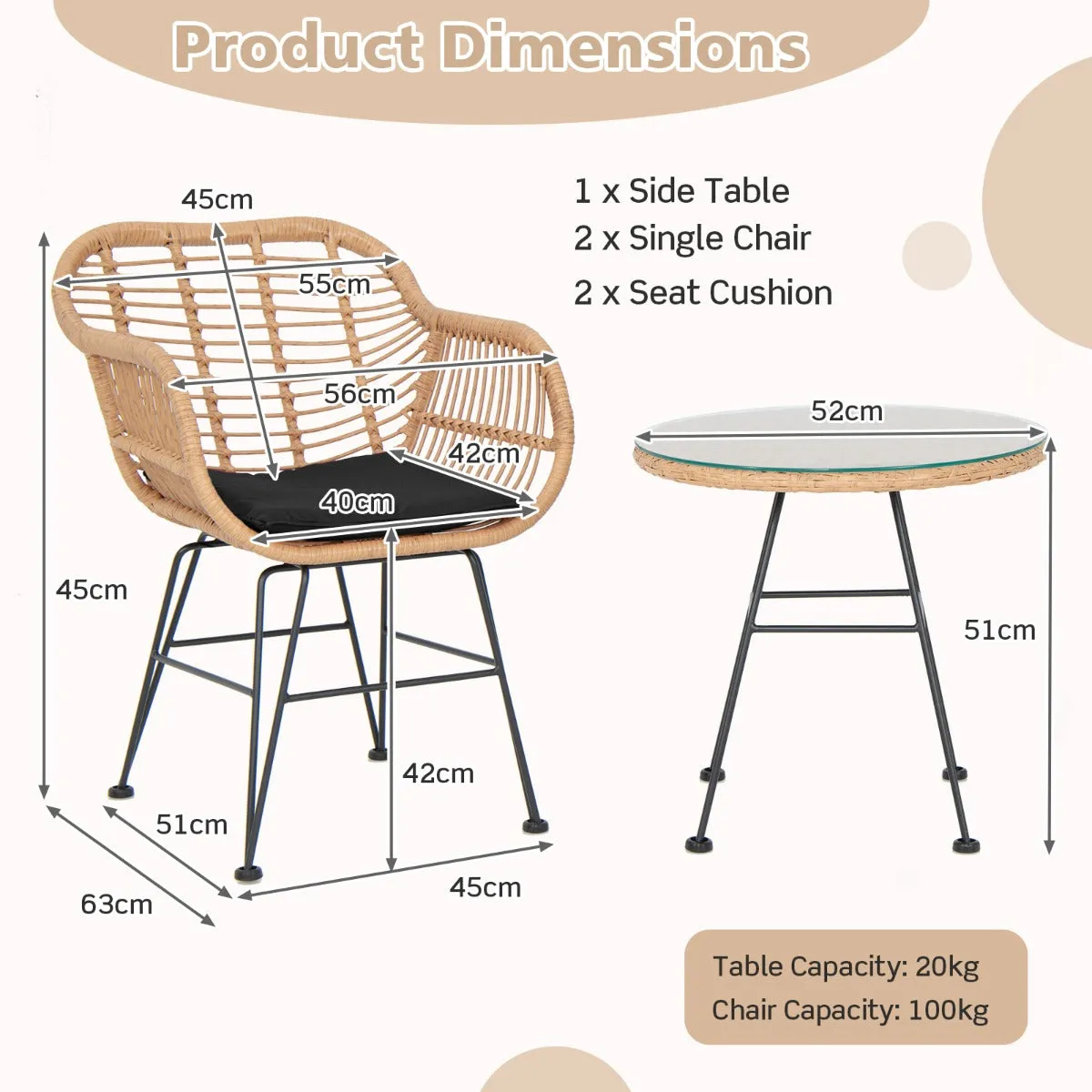 3 Piece Patio Rattan Set with 2 Cushioned Chairs and Tempered Glass Table