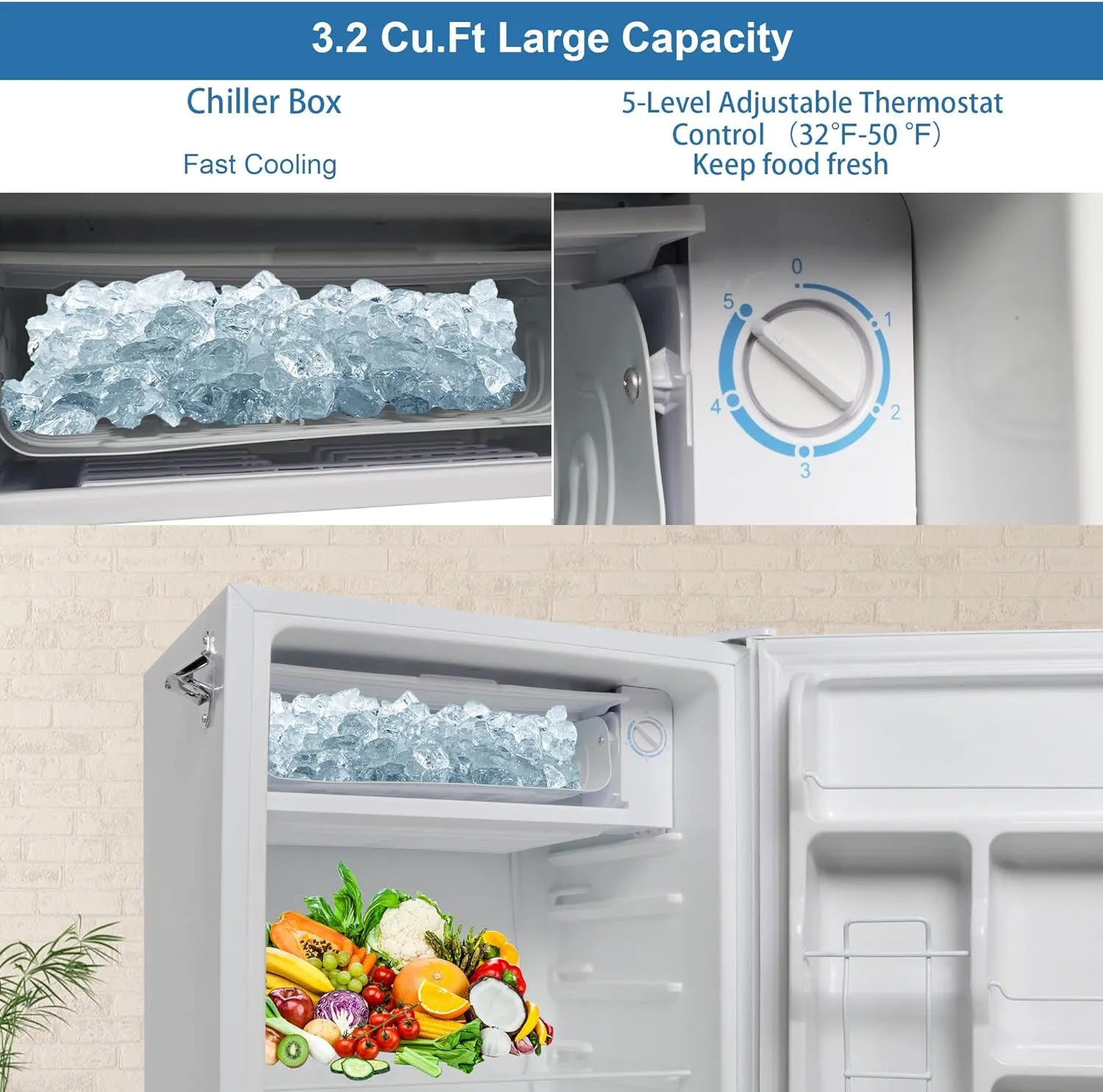 3.2 Cu.Ft Compact Mini Refrigerator with Freezer, 5 Temperature Settings, Single Door for Dorm, Office, Bedroom