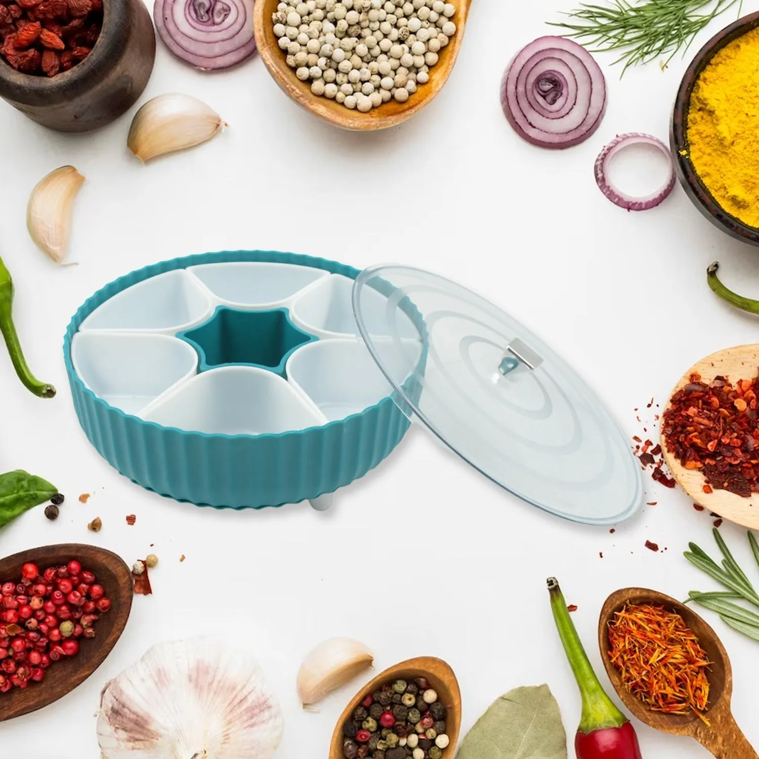 5811 360 Revolving Spice Box & Dry Fruit Box Plastic 7 Compartment Box Suitable For Multipurpose Storage Use like Dry Fruit , Spices , Pickle , Tea , & Sugar Etc, Kitchen Use