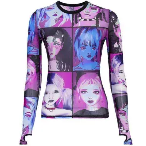 E-girl Cartoon Face Graphic Transparent Patchwork O-neck Long Sleeve T-shirts with Gloves