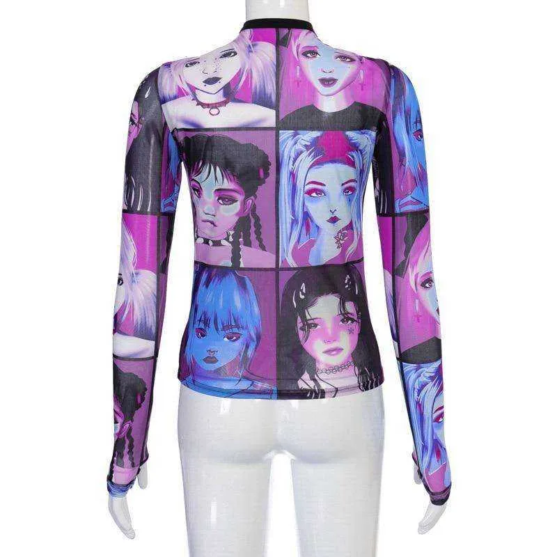 E-girl Cartoon Face Graphic Transparent Patchwork O-neck Long Sleeve T-shirts with Gloves