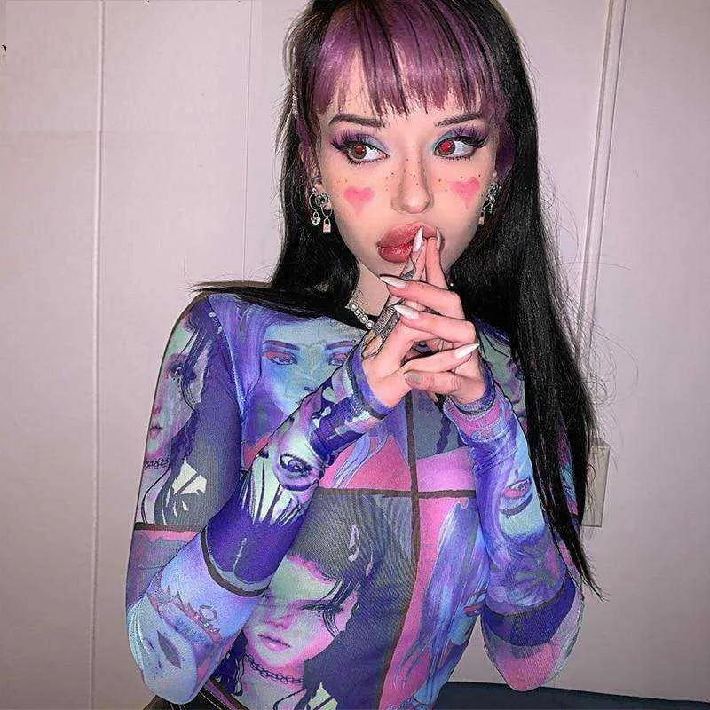 E-girl Cartoon Face Graphic Transparent Patchwork O-neck Long Sleeve T-shirts with Gloves