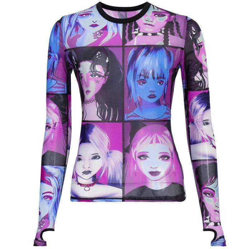 E-girl Cartoon Face Graphic Transparent Patchwork O-neck Long Sleeve T-shirts with Gloves