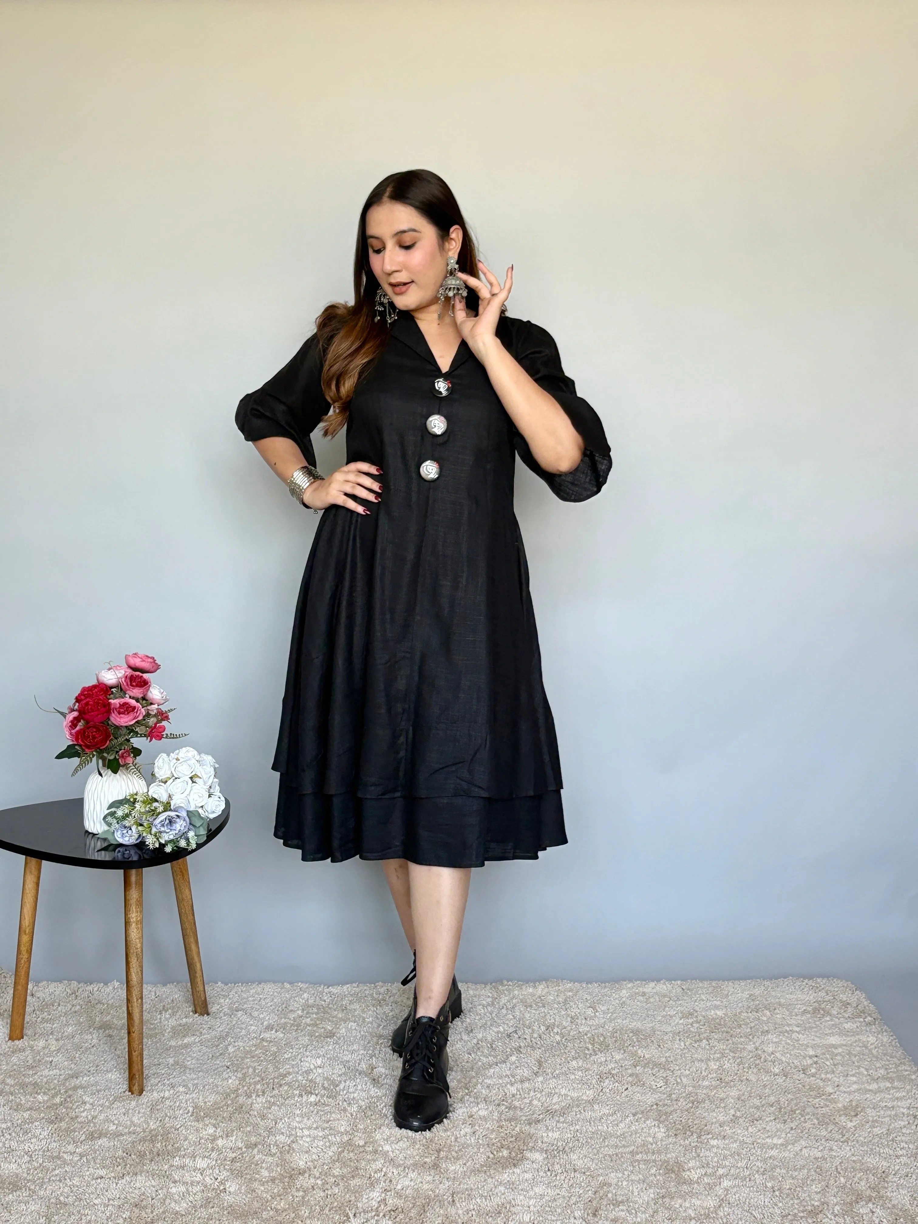 Flared Black Midi Dress
