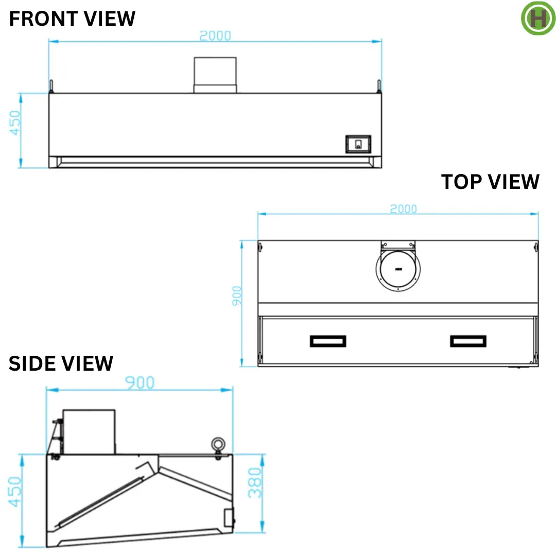 Hamoki Extraction Hood 2000mm Wide With Motor, Filters & LED Lighting -  191002