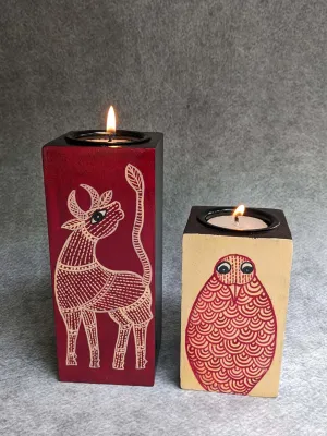 Hand Painted Gond Art Candle Holder Pair
