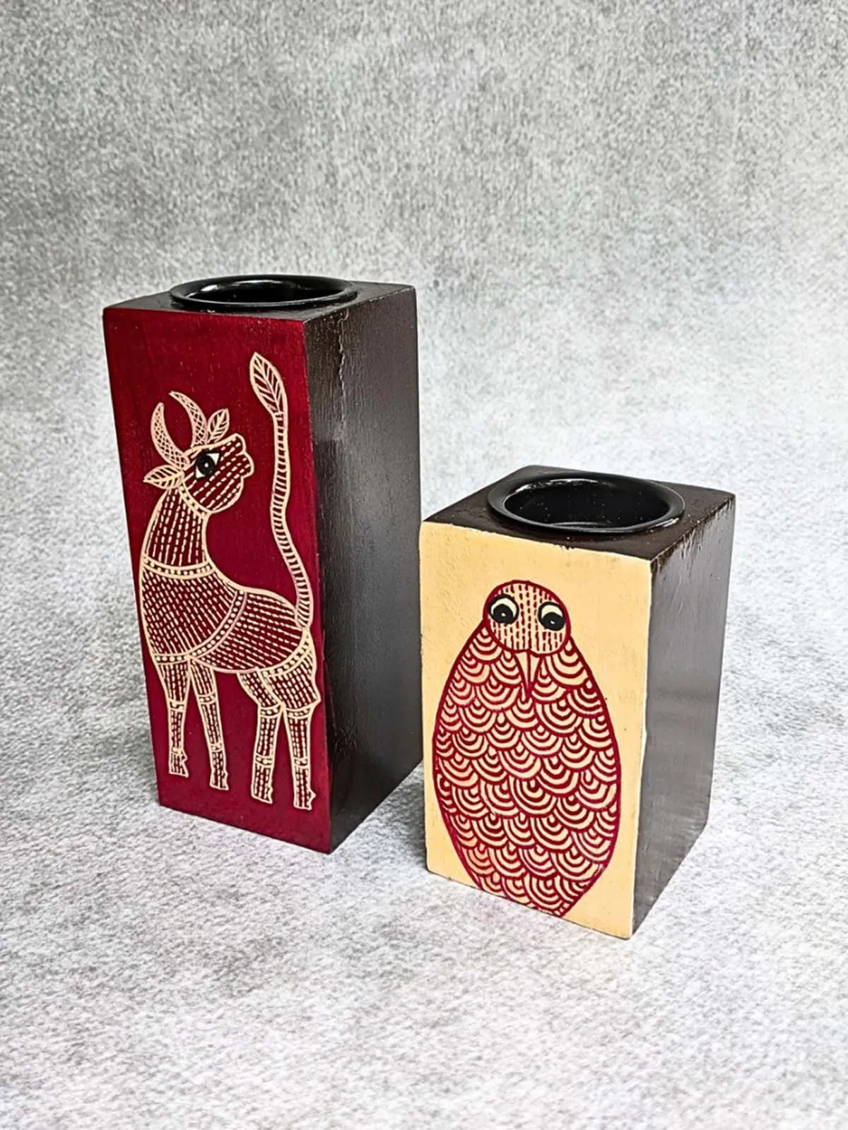 Hand Painted Gond Art Candle Holder Pair