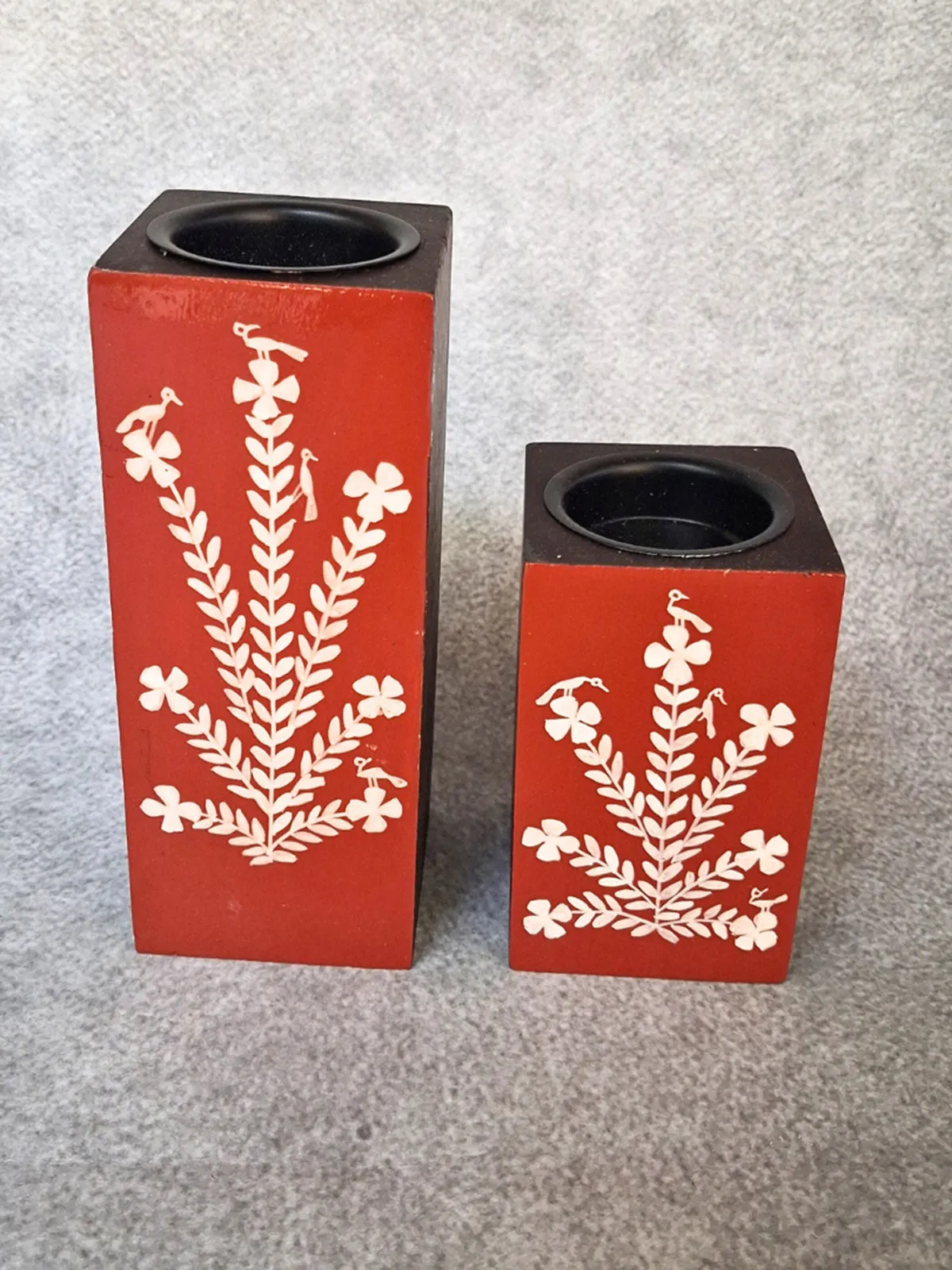 Hand Painted Warli Art Birds on a Tree Candle Holder Pair