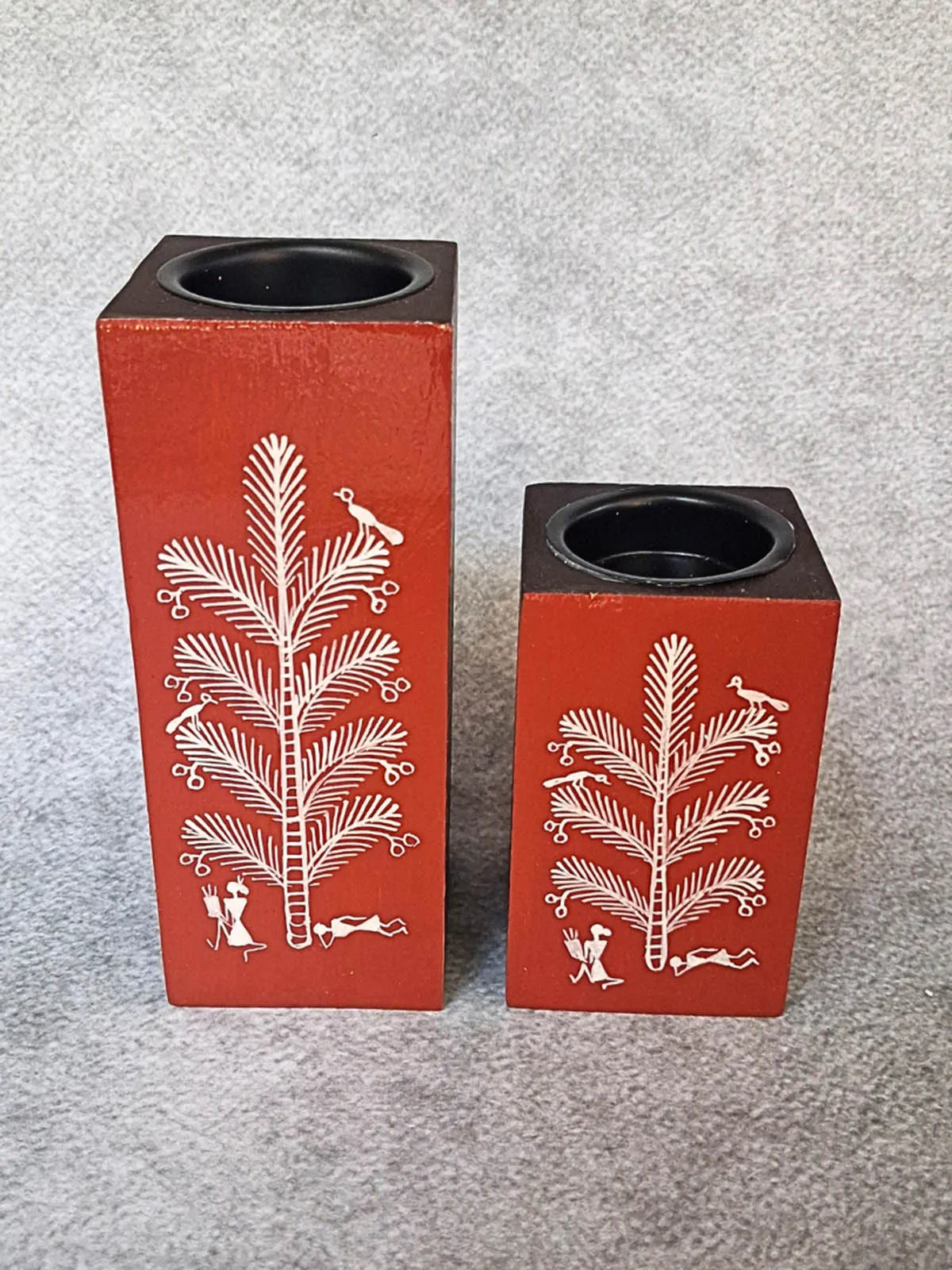 Hand Painted Warli Art Lazy Life Candle Holder Pair
