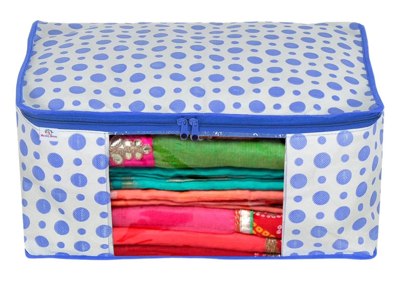 Heart Home Dot Printed Foldable, Lightweight Non-Woven Blouse & Saree Cover/Organizer Set With Tranasparent Window- Pack of 6 (Blue)-46HH0469