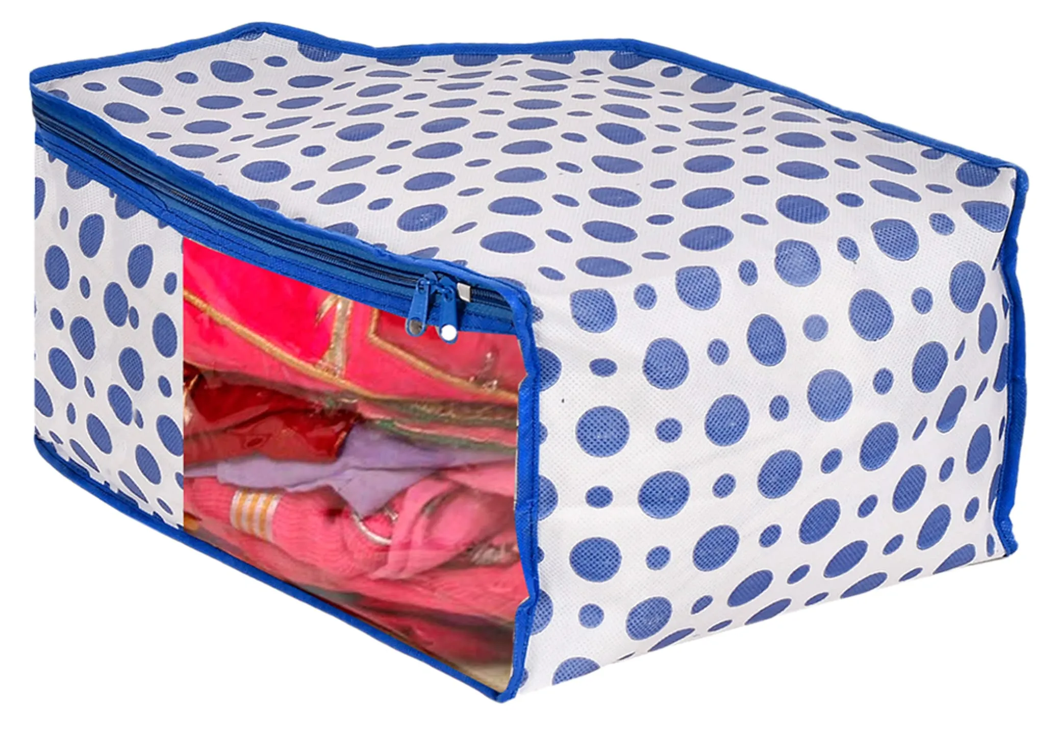 Heart Home Dot Printed Foldable, Lightweight Non-Woven Blouse & Saree Cover/Organizer Set With Tranasparent Window- Pack of 6 (Blue)-46HH0469