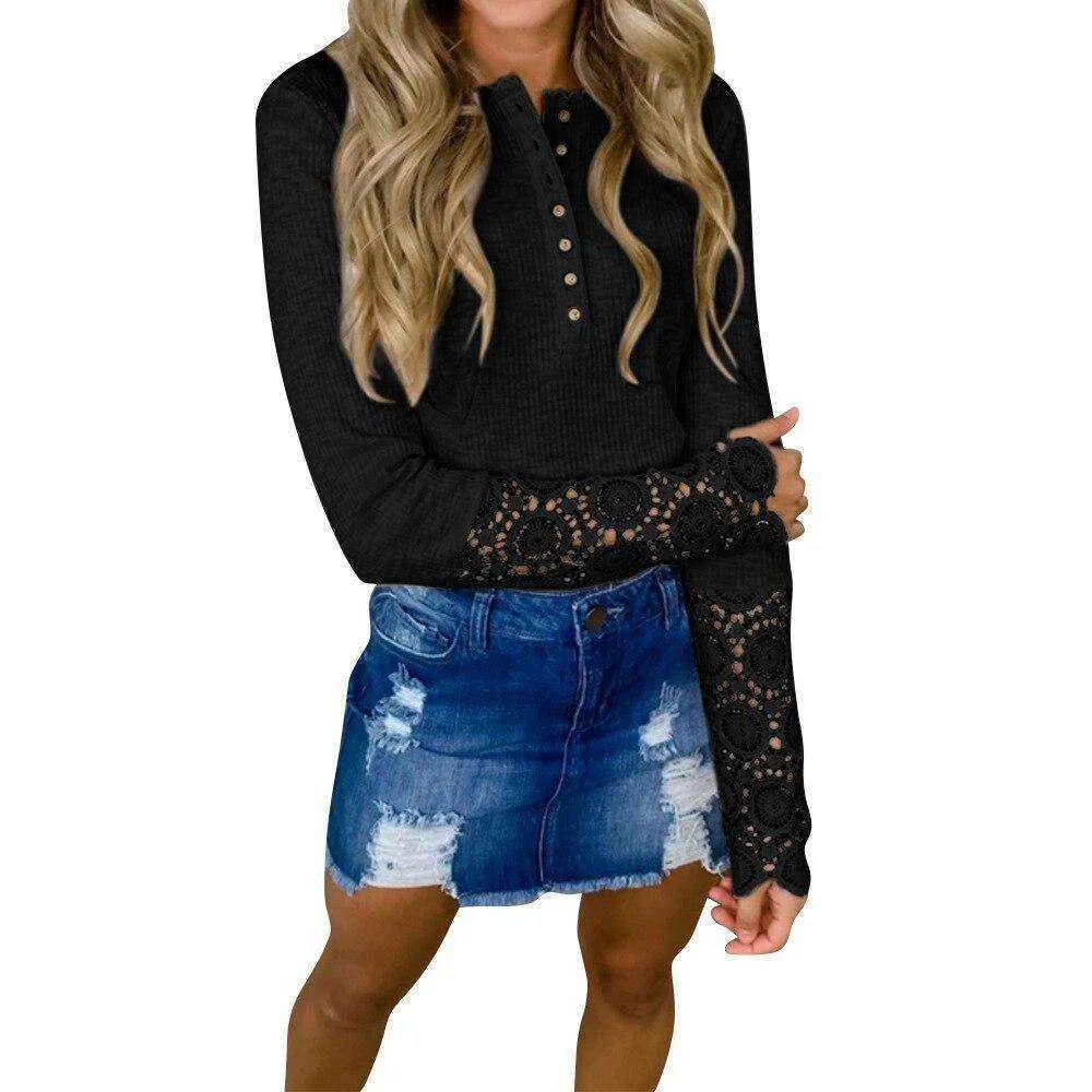 Lace Stitching  Long-sleeved Knitted Top