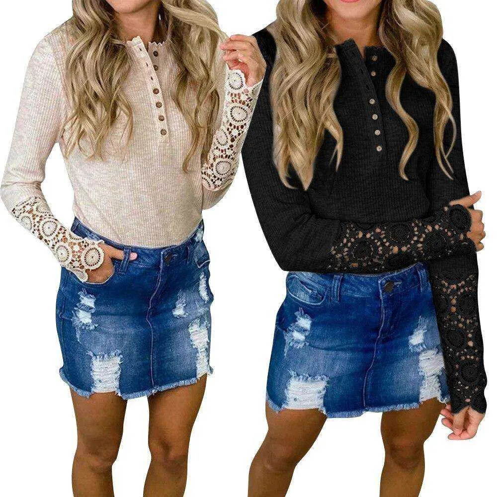 Lace Stitching  Long-sleeved Knitted Top