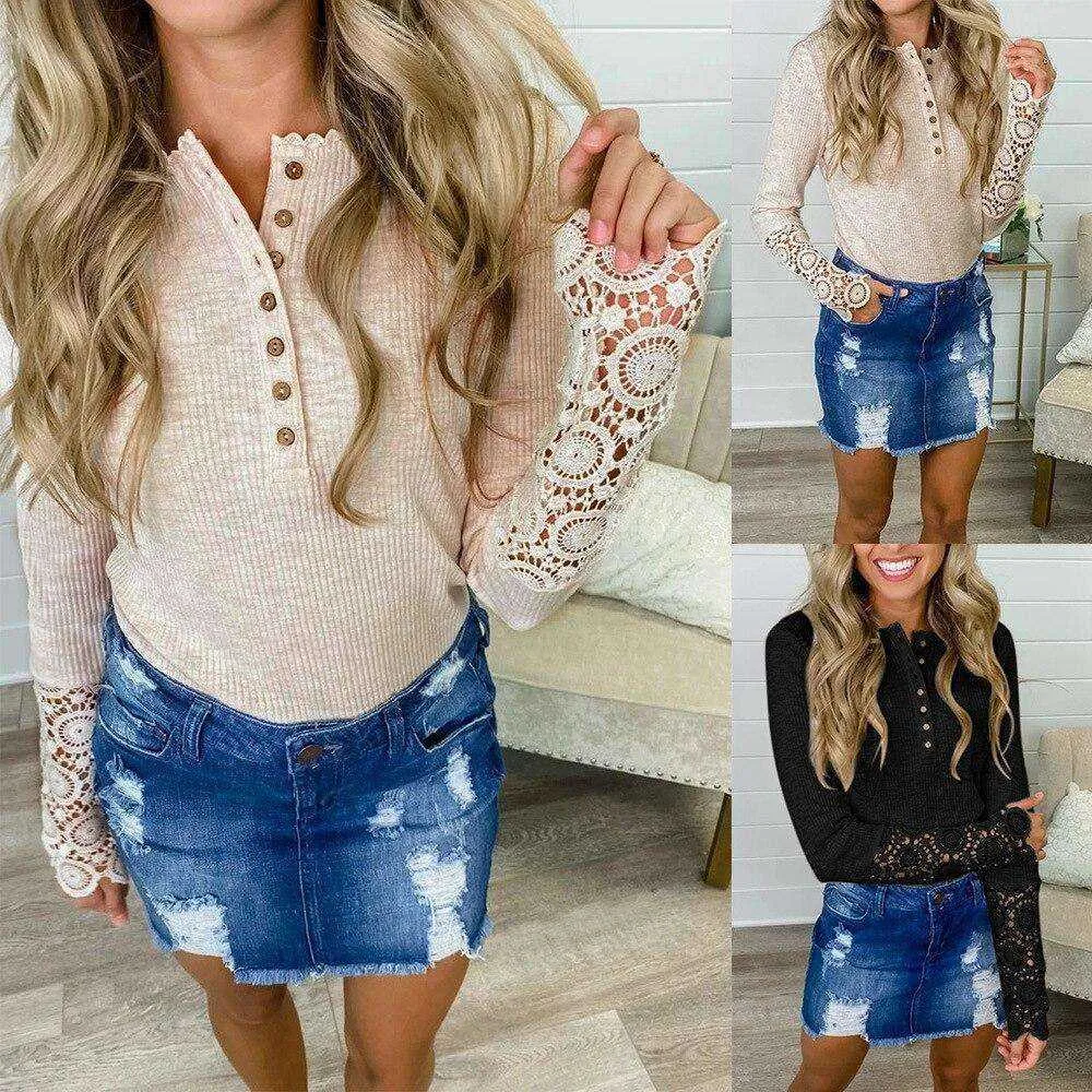 Lace Stitching  Long-sleeved Knitted Top
