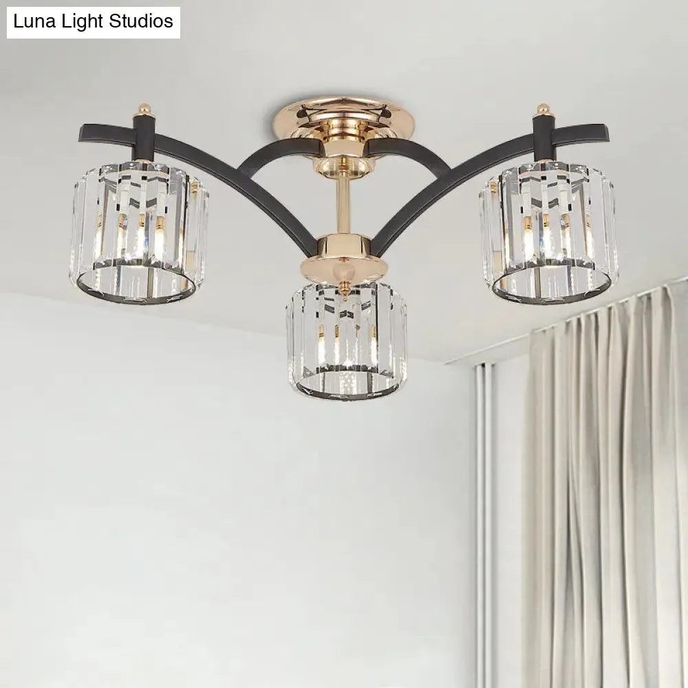 Modern Black & Gold Cylinder Crystal Block Semi Flush Light - Bedroom Ceiling Lamp (3/6 Heads)