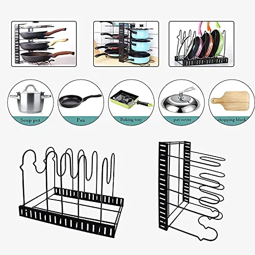 NILKANTH_SHOPPERS Metal Iron Adjustable Heavy Duty Multipurpose Pan and Pot Tawa Rack Holder Stand Shelf Organiser (Black, Medium)