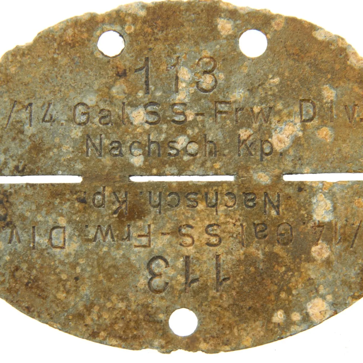 Original German WWII SS Identity Disc Dog Tag - 14th Waffen Grenadier Division Supply Company - No. 113