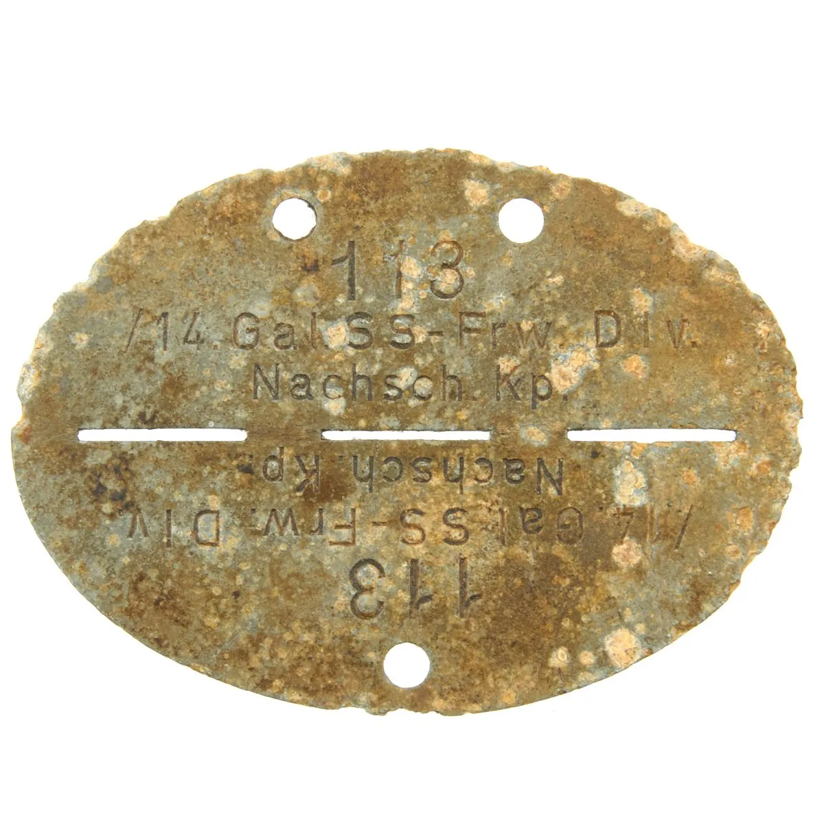 Original German WWII SS Identity Disc Dog Tag - 14th Waffen Grenadier Division Supply Company - No. 113