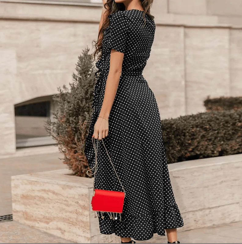 Polka Dots Elegant V-neck Ruffles Bohemian Beach  Dress