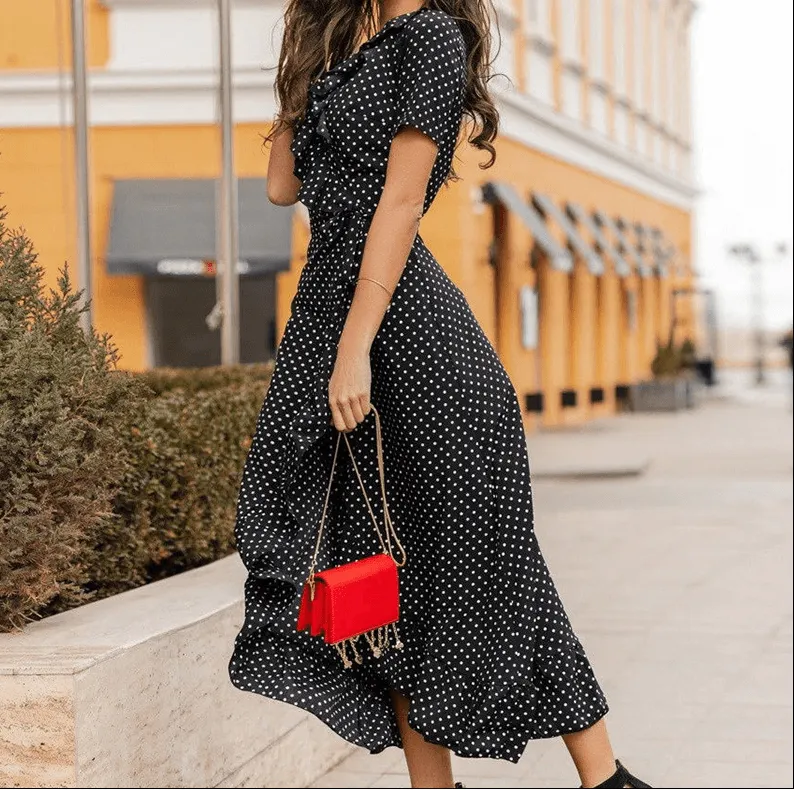Polka Dots Elegant V-neck Ruffles Bohemian Beach  Dress