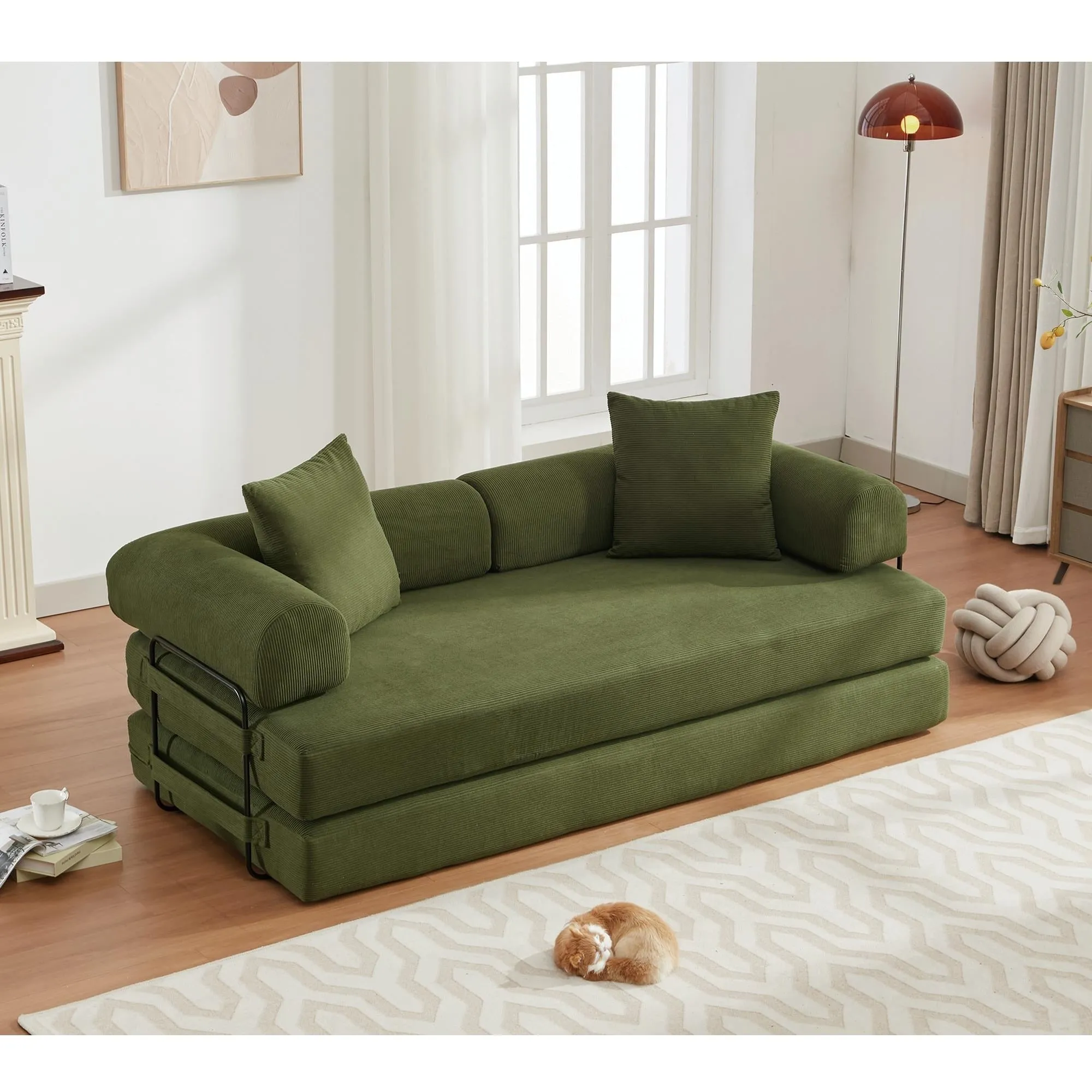 "4-in-1 Convertible Sleeper Sofa, 78.5'' Corduroy Foldable Sofa Bed with Pillows, No Assembly Required"