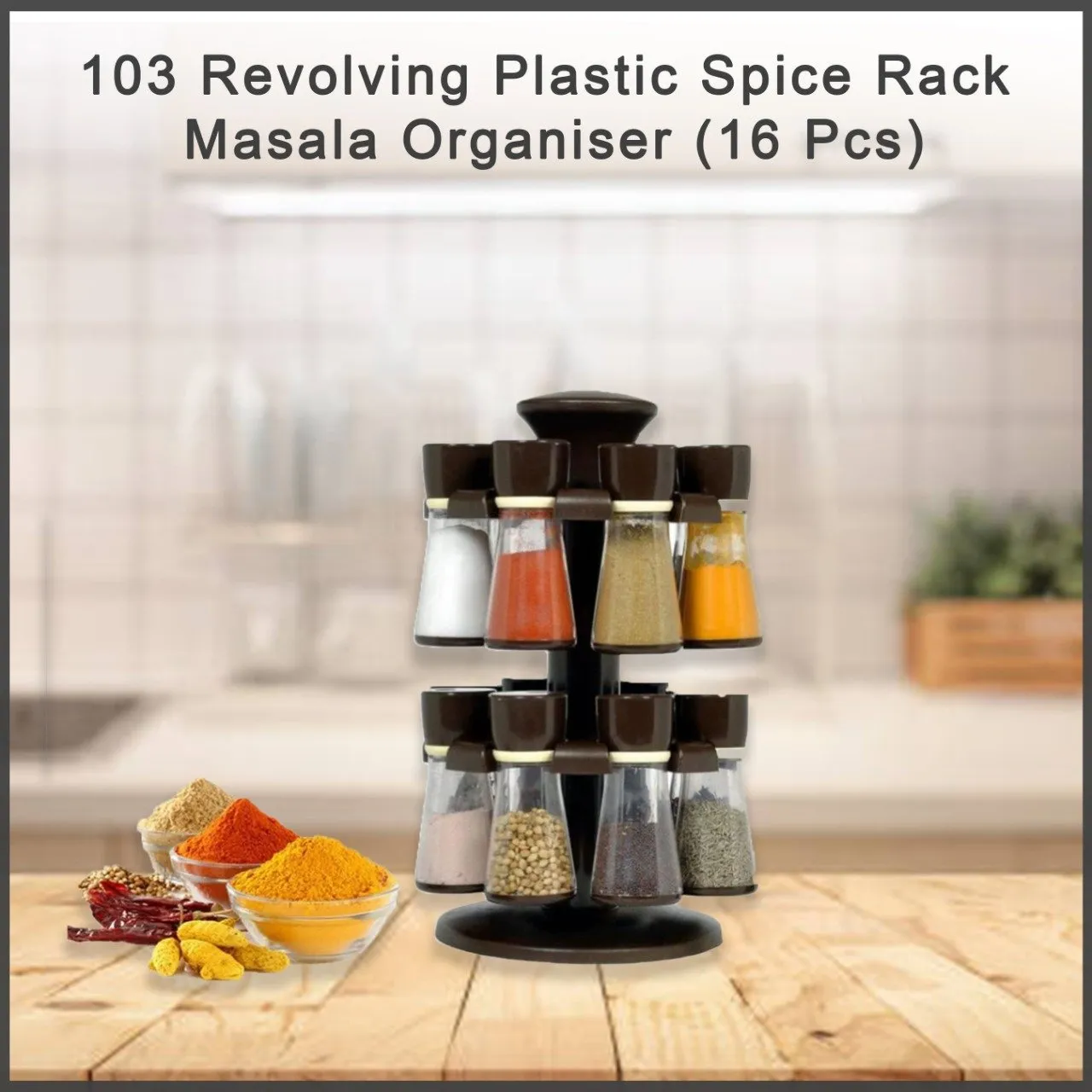 Revolving Plastic Spice Rack Masala Organiser (16 Pcs)