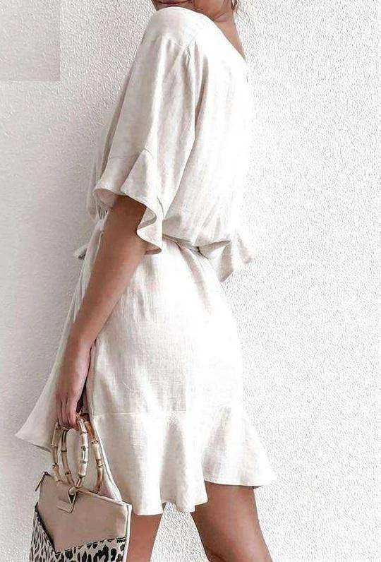 Solid Cotton Linen  Short Sleeve V Neck Mini A-line Summer Dress