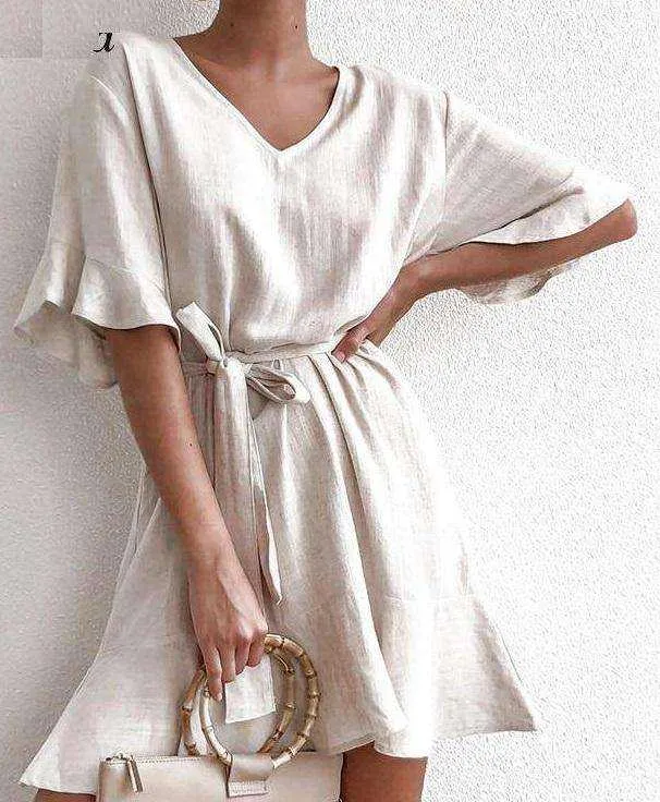 Solid Cotton Linen  Short Sleeve V Neck Mini A-line Summer Dress