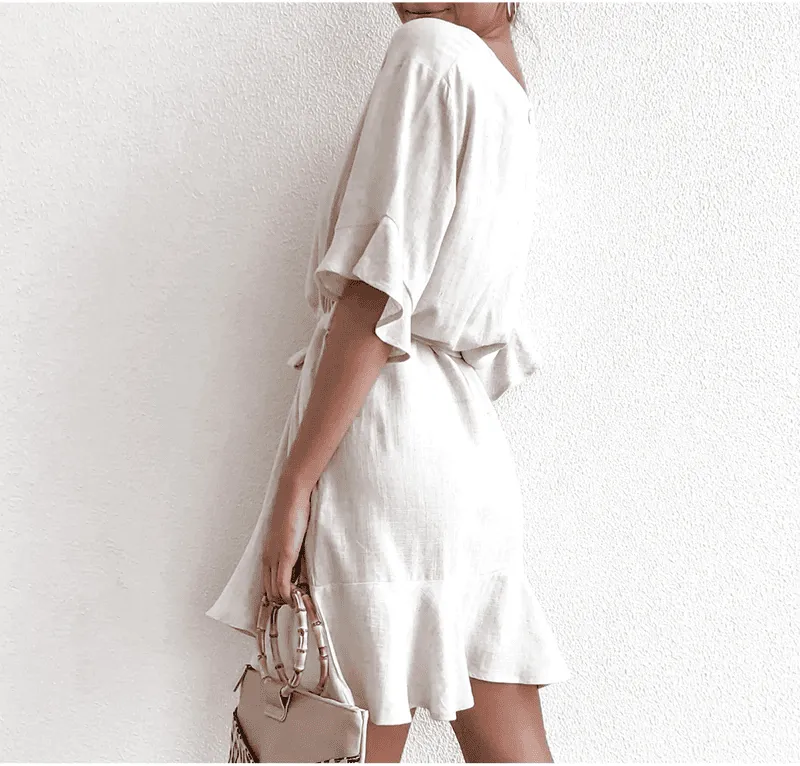 Solid Cotton Linen  Short Sleeve V Neck Mini A-line Summer Dress