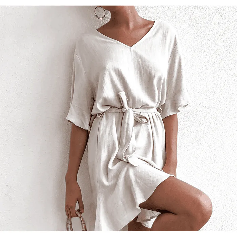 Solid Cotton Linen  Short Sleeve V Neck Mini A-line Summer Dress