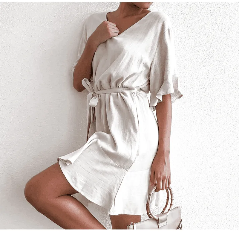 Solid Cotton Linen  Short Sleeve V Neck Mini A-line Summer Dress