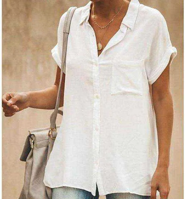 Summer Turn-Down Collar Short Sleeve Loose White Blouse