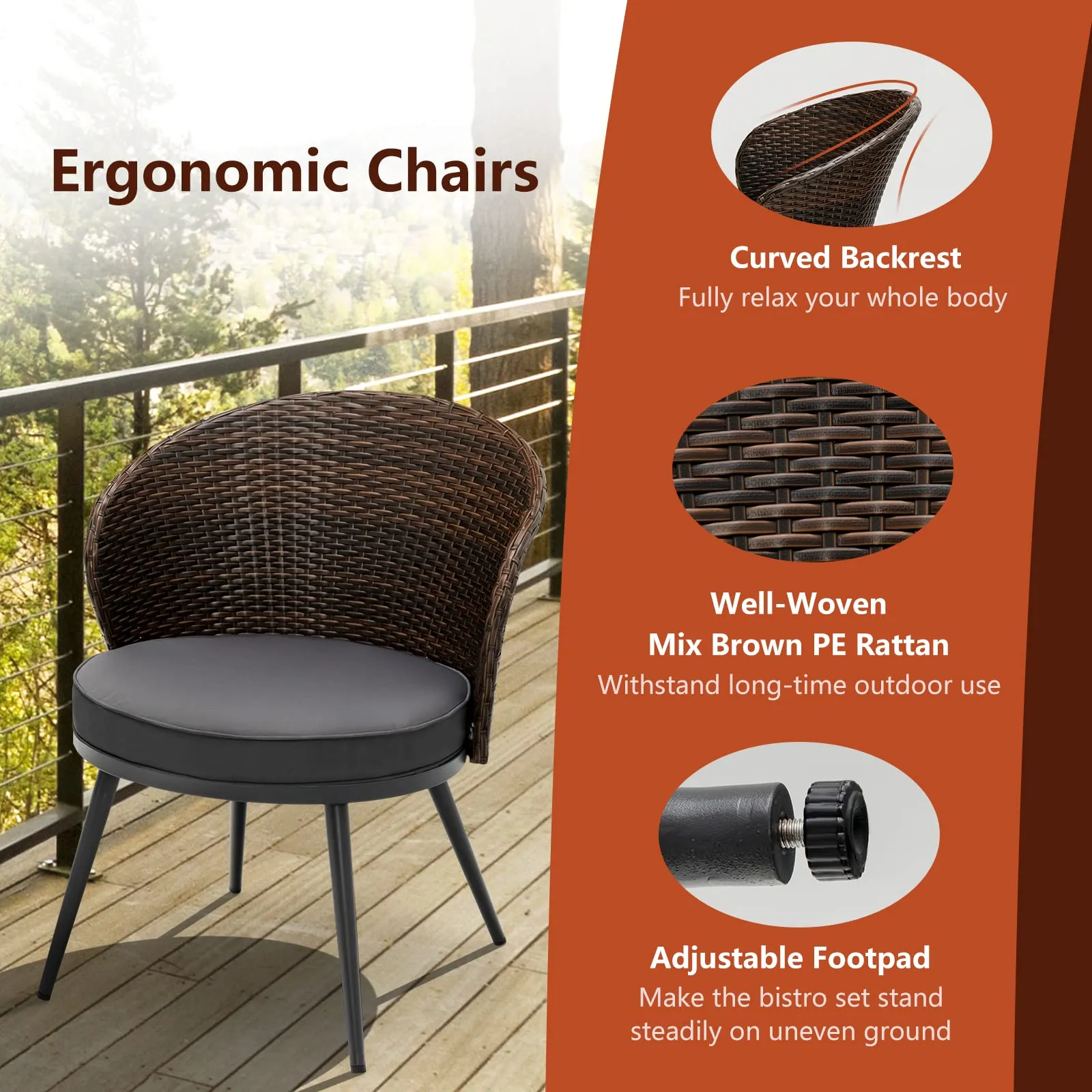 Tangkula 3 Piece Patio Rattan Bistro Set W/ 2 Seat Cushions, Tempered Glass Tabletop (Gray)