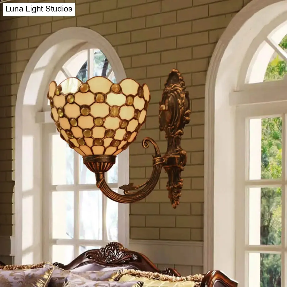Tiffany Stained Glass Beige Bowl Sconce Lamp with Crystal Bead: Wall Light