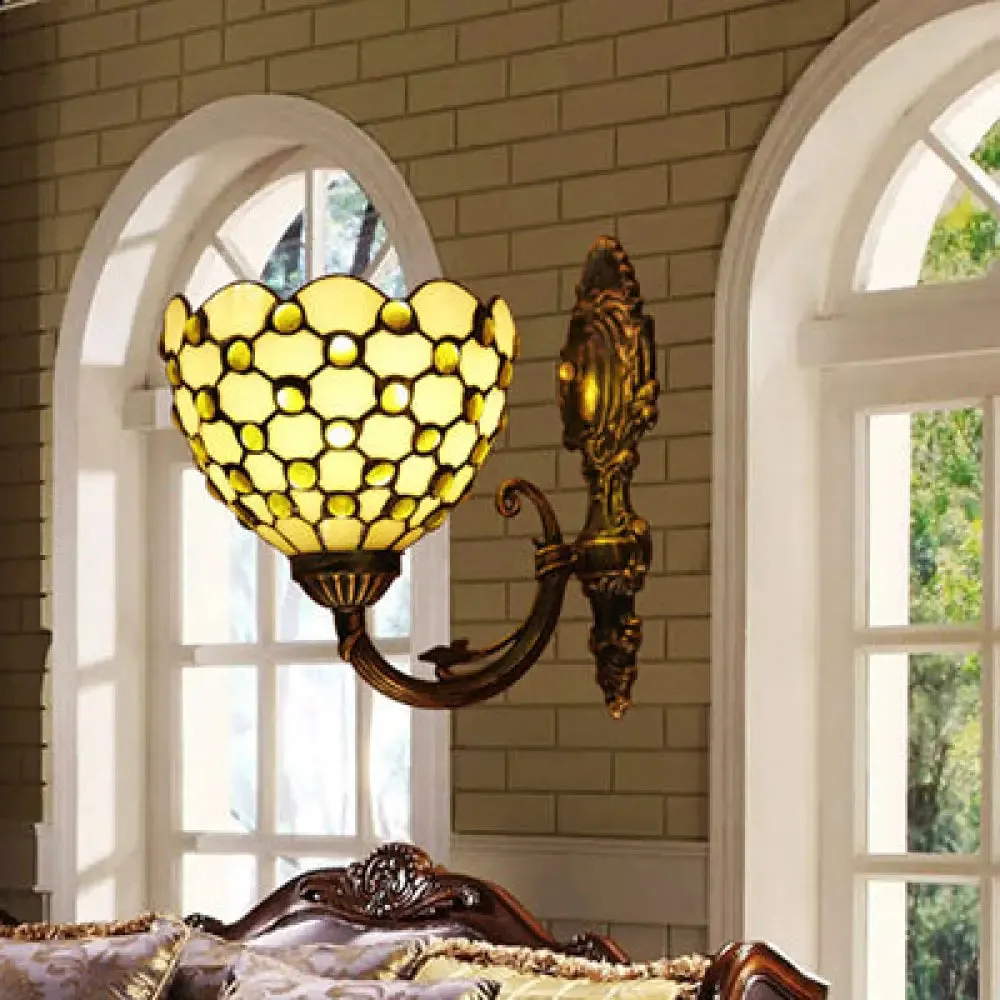 Tiffany Stained Glass Beige Bowl Sconce Lamp with Crystal Bead: Wall Light