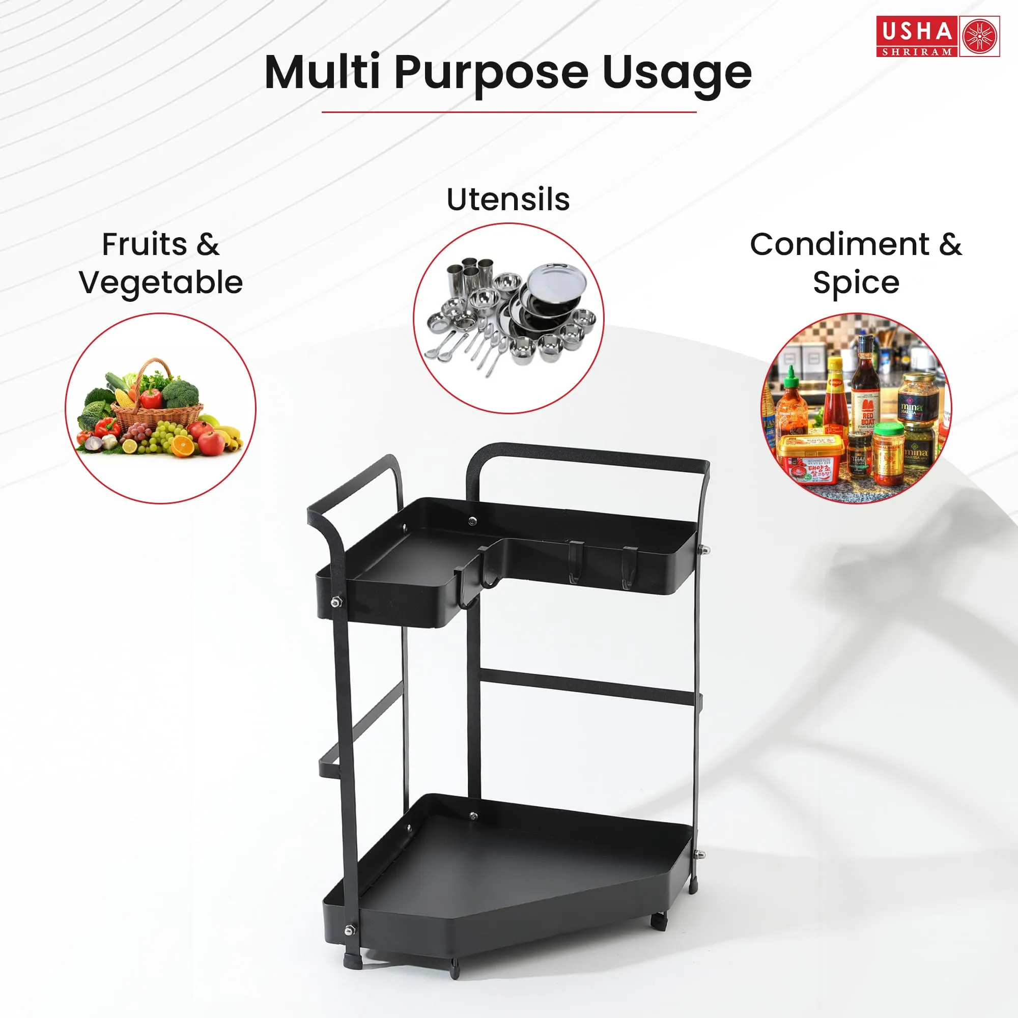 USHA SHRIRAM 2Layer Carbon Steel Oil Bottle Holder For Kitchen With Spoon Holder (2pcs)| Wine Whiskey Bottle Holder | Corner Shelf For Living Room Bathroom | Storage Rack For Kitchen Organiser | Black