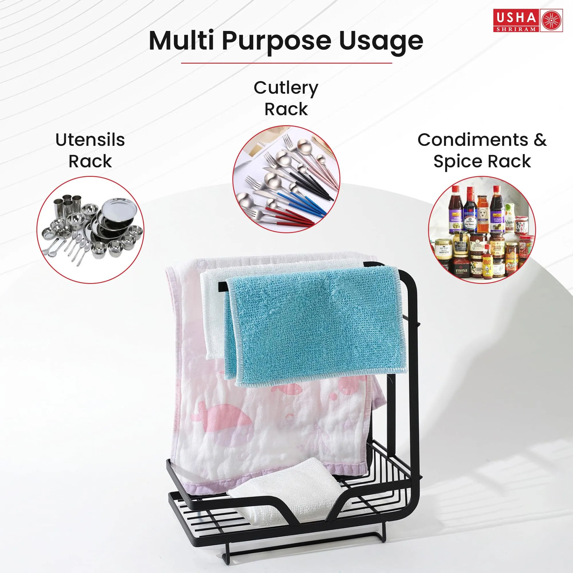USHA SHRIRAM Carbon Steel Bathroom Organiser Stand | Kitchen Sink Organiser | Kitchen Organiser Space Saver | Kitchen Bothroom Towel Holder | Psoap Holder For Kitchen Sink | Black