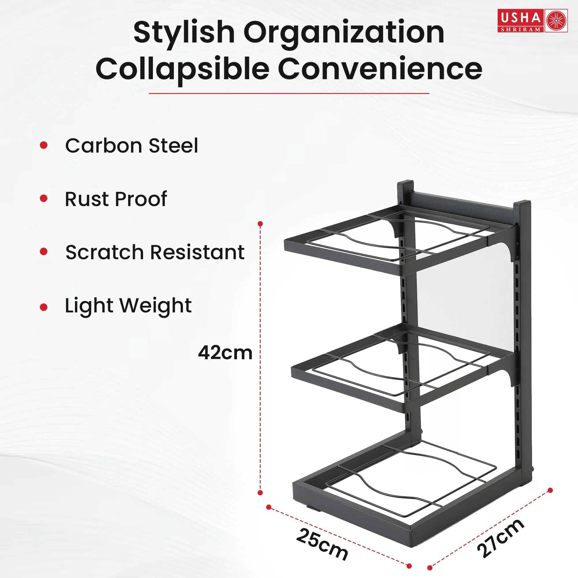 USHA SHRIRAM Carbon Steel | Dish Organiser For Kitchen | Kitchen Side Rack Organiser | Kadai Pan Organiser Rack For Kitchen | Kitchen Appliances Organiser | itchen Shelf Organiser (Pack of 2, 3 Layer)