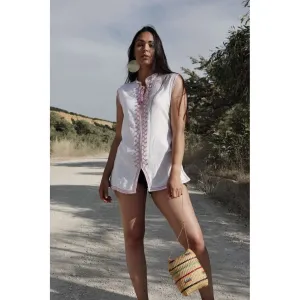 White & Pink Zigzag Embroidery Tunic Shirt- for resort wear, boho wear, beach wear, lounge wear