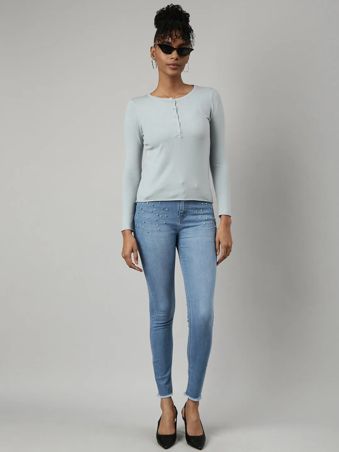 Women Grey Fitted Casual Winter Wear Top