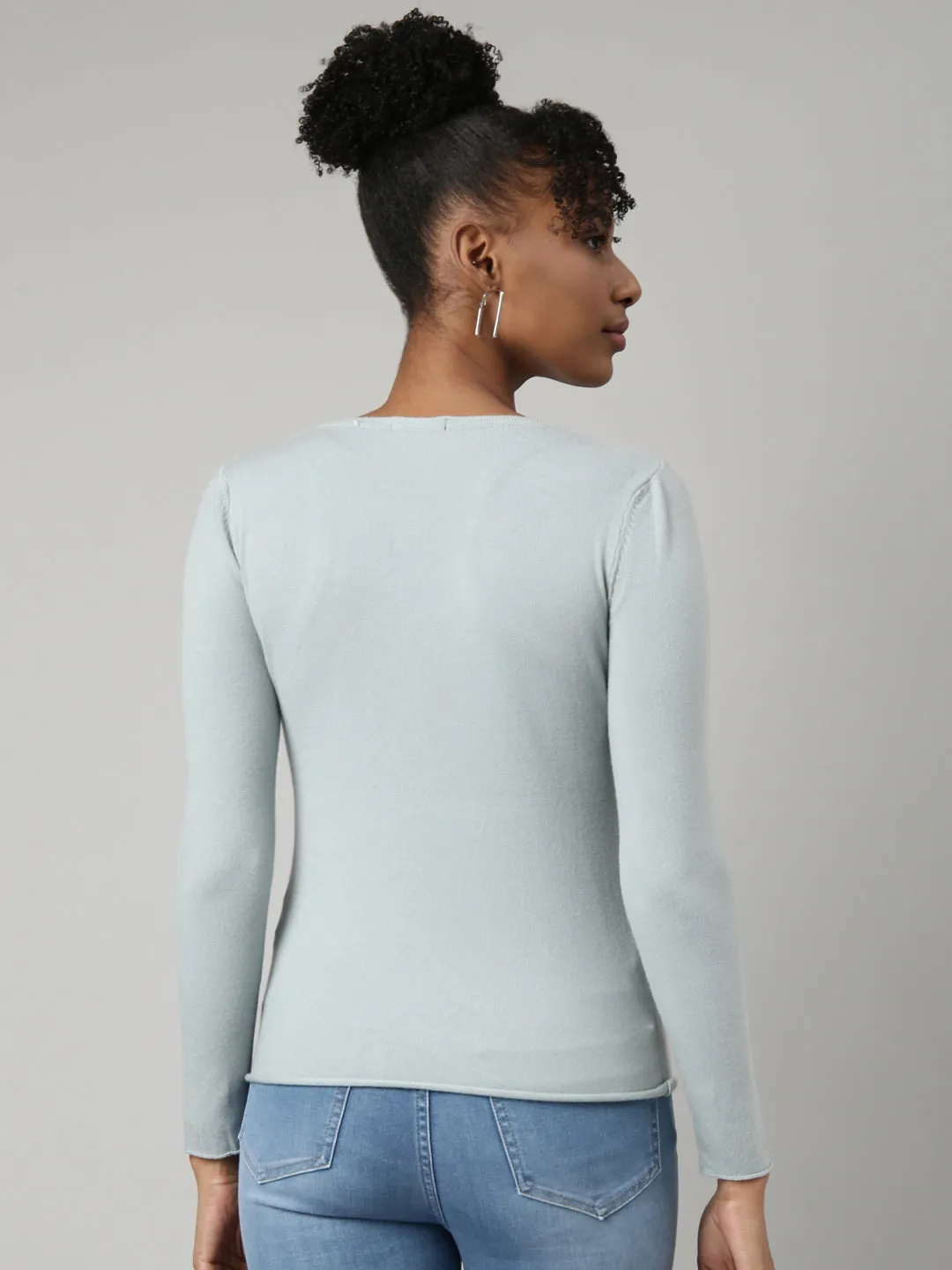 Women Grey Fitted Casual Winter Wear Top
