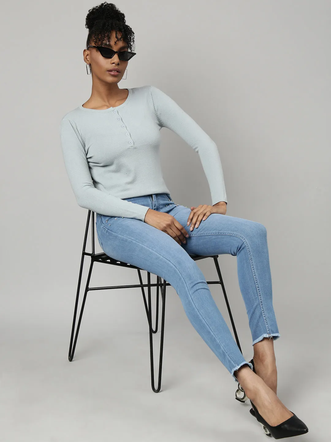 Women Grey Fitted Casual Winter Wear Top