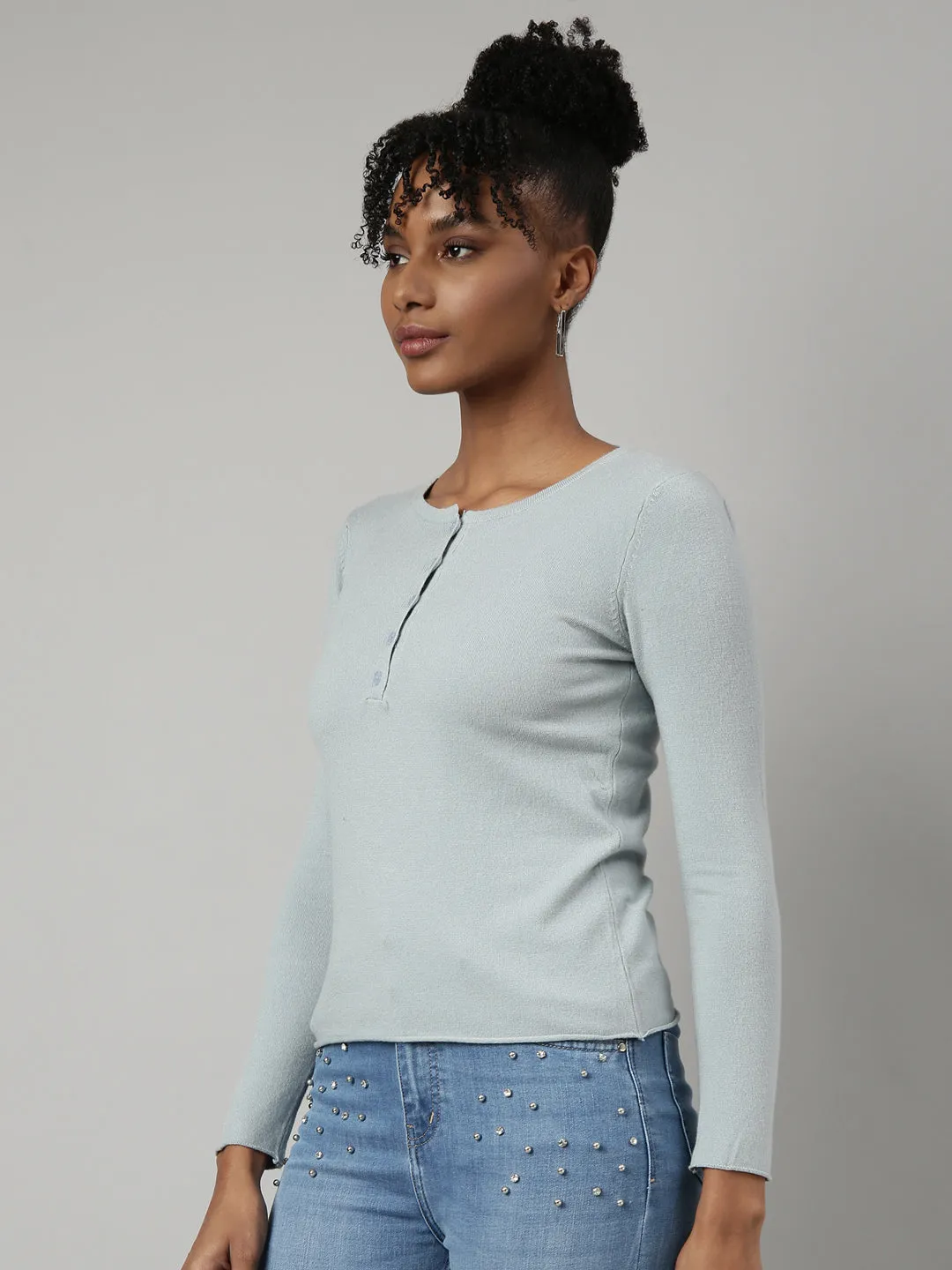 Women Grey Fitted Casual Winter Wear Top