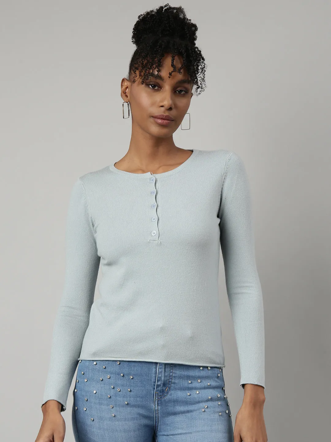 Women Grey Fitted Casual Winter Wear Top