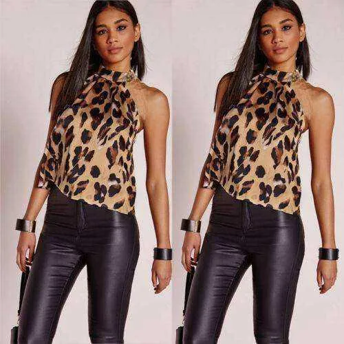 Women Sexy Leopard Print Shirts Halter Sleeveless Tops