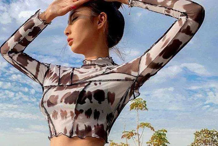 Women's Long Sleeves Sexy Backless Black Mesh Patchwork Crop Tops T-Shirt