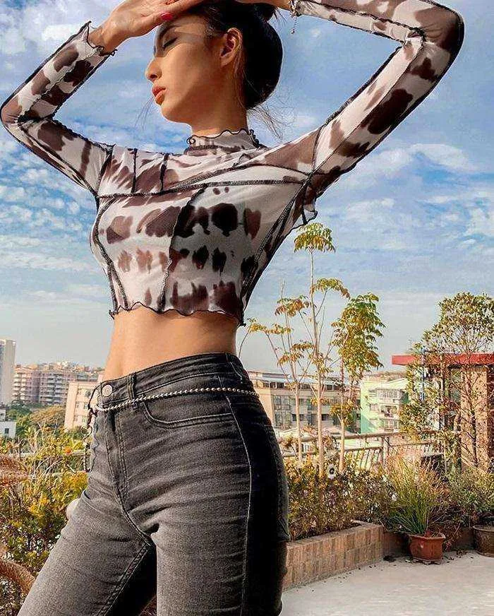 Women's Long Sleeves Sexy Backless Black Mesh Patchwork Crop Tops T-Shirt